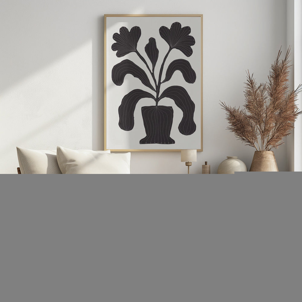 A modern black and white illustration of a stylized plant in a pot against an off-white background. The plant features large, drooping leaves and two fan-like flowers at the top. The entire black silhouette is detailed with fine, light-colored lines giving it texture and a sense of veining. Wall Art
