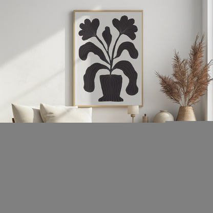 A modern black and white illustration of a stylized plant in a pot against an off-white background. The plant features large, drooping leaves and two fan-like flowers at the top. The entire black silhouette is detailed with fine, light-colored lines giving it texture and a sense of veining. Wall Art
