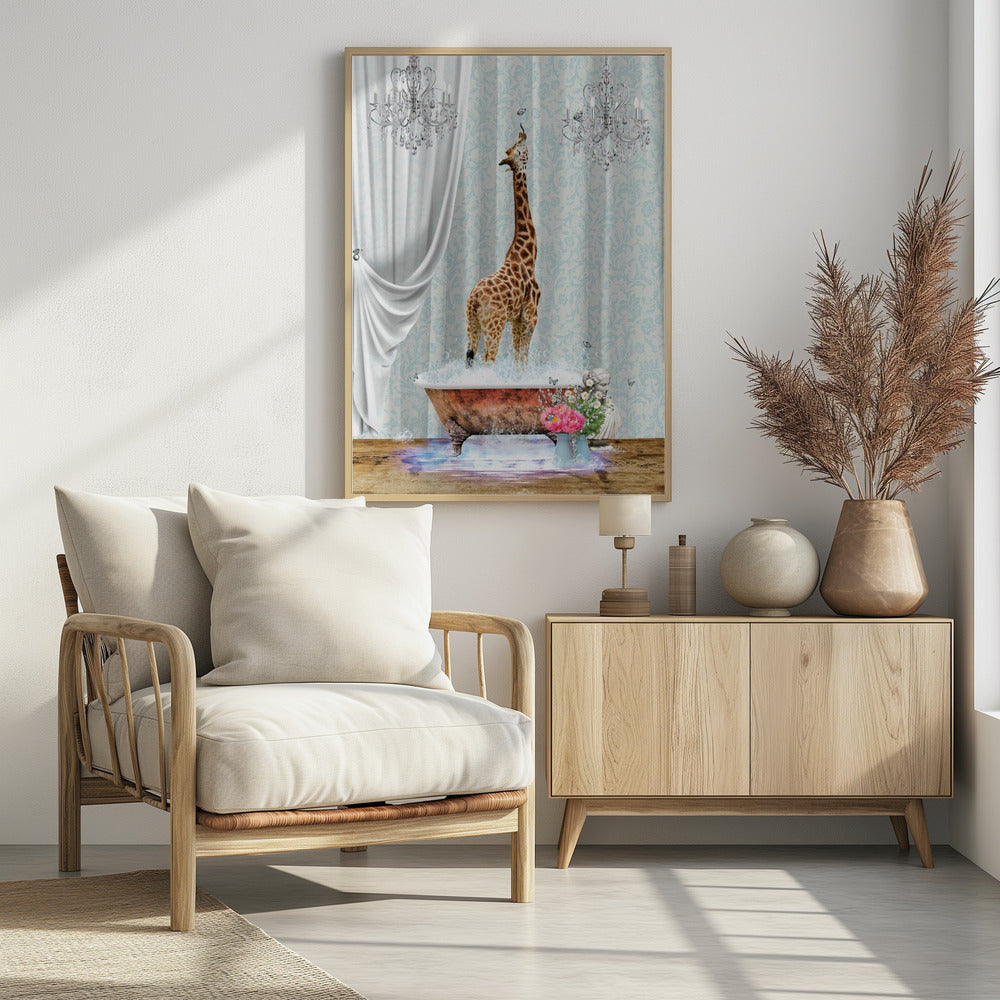 A surreal and whimsical artwork of a giraffe standing in a vintage clawfoot bathtub filled with bubbles. The bathroom is elegant, featuring light blue damask wallpaper, two crystal chandeliers, and a flowing white curtain. Butterflies flutter around the giraffe and a vase of pink and white flowers sits beside the tub. Artwork