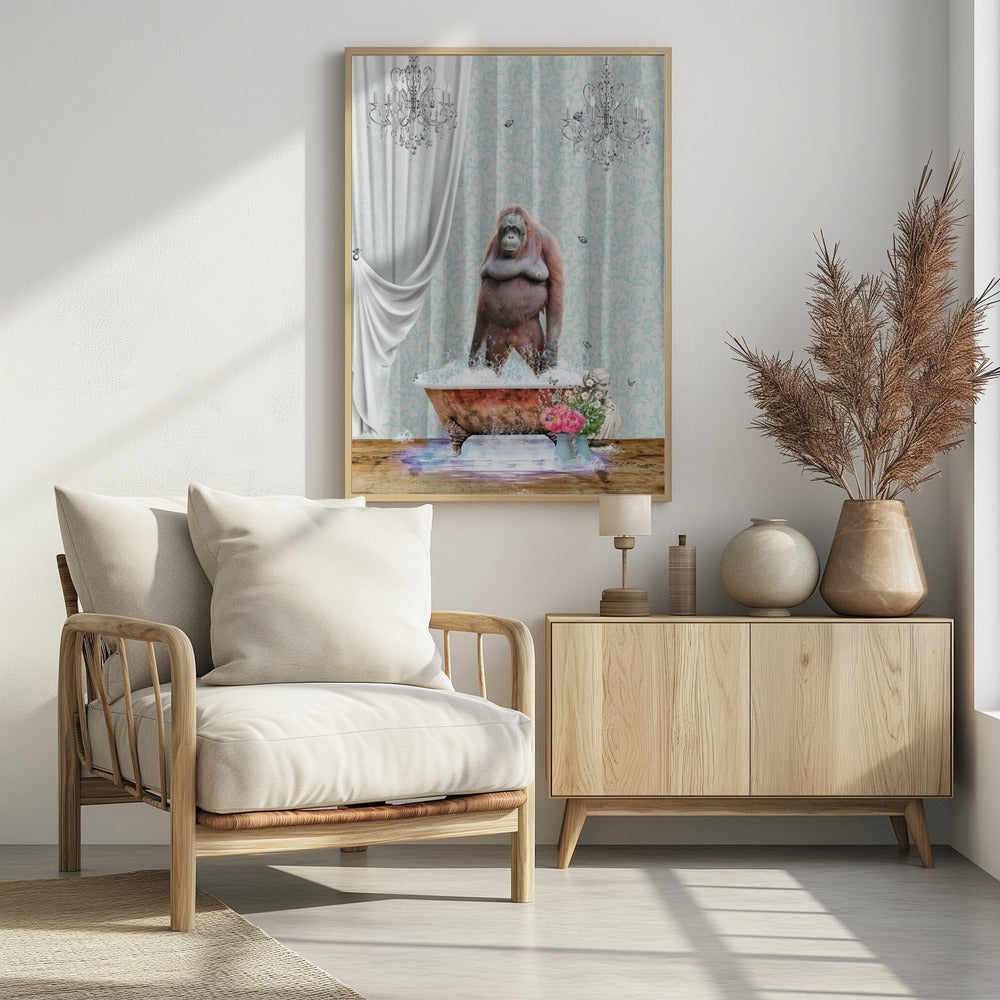 A surreal and whimsical artwork of an orangutan standing in a bubbly, vintage clawfoot bathtub inside a lavishly decorated bathroom with crystal chandeliers, light blue damask wallpaper, and elegant white curtains. Poster