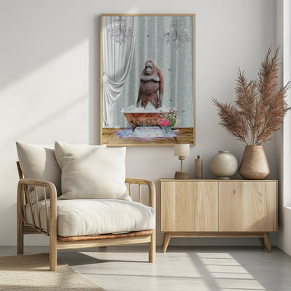 A surreal and whimsical artwork of an orangutan standing in a bubbly, vintage clawfoot bathtub inside a lavishly decorated bathroom with crystal chandeliers, light blue damask wallpaper, and elegant white curtains. Poster