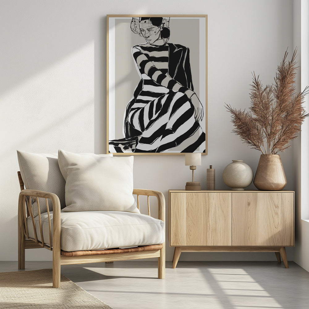 A modern, graphic illustration of a woman in a black and white striped dress and a black blazer. She sits with a pensive expression, wearing a stylish hat with a veil, against a neutral beige background. Wall Art