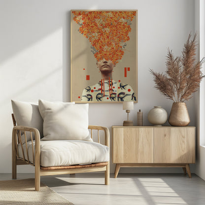 A surrealist collage featuring a portrait of a person whose head is replaced by an explosive bouquet of vibrant orange flowers. The person is wearing a shirt patterned with vintage illustrations of woodpeckers, and the composition is set against a neutral beige background with abstract red geometric shapes. Wall Art