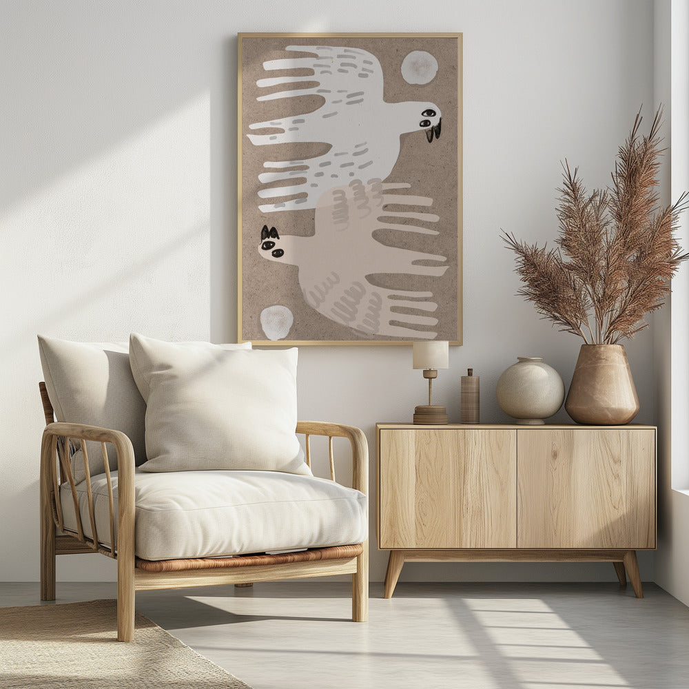 A framed folk-art style illustration featuring two stylized birds on a textured beige background. An off-white bird flies to the right at the top, and a pale pink bird flies to the left at the bottom, with small white circles in the corners. Decor