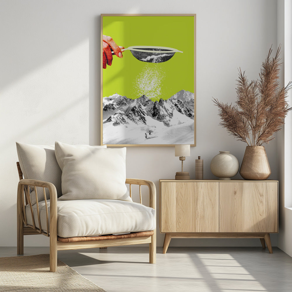 A surrealist pop art collage featuring a hand sifting snow from a sieve onto a black and white photograph of a snowy mountain range with skiers, all set against a vibrant lime green background. Artwork