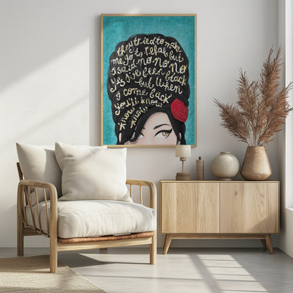 A stylized pop art illustration of Amy Winehouse against a textured teal background. Lyrics from her song 'Rehab' are written in cream-colored script across her signature black beehive hairdo. A single red rose adorns her hair, and her iconic winged eyeliner and hazel eyes are visible. Decor