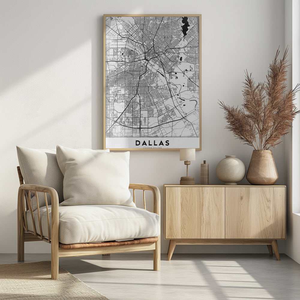 A minimalist black and white street map of Dallas, Texas, presented vertically in a black frame. The intricate network of roads and highways is depicted in black lines on a light gray, textured background, with the city's name 'DALLAS' in bold capital letters at the bottom. Poster