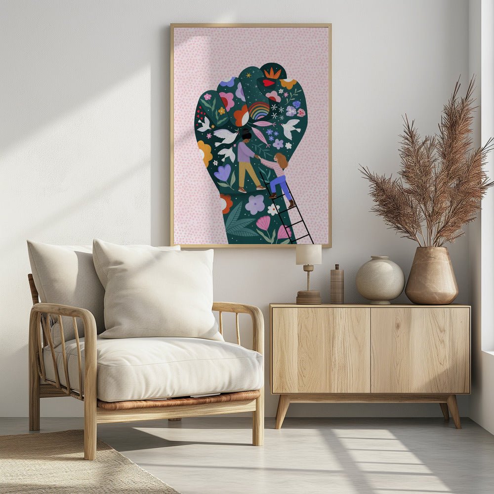 An illustration of a raised fist, a symbol of power and solidarity, against a pink dotted background. The fist is dark green and decorated with colorful flowers, white doves, a rainbow, and two women helping each other, one pulling the other up a ladder, symbolizing female empowerment and unity. Poster