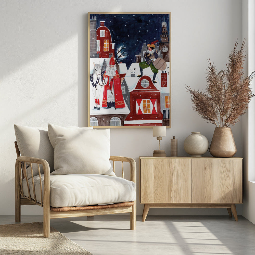 A folk art style illustration of a snowy village at night. Saint Nicholas (Sinterklaas) in his traditional red robe and miter stands with his white horse on a snow-covered roof. On another roof, his helper Zwarte Piet stands with a sack of gifts. The background features a clock tower and a dark, snowy sky. Wall Art