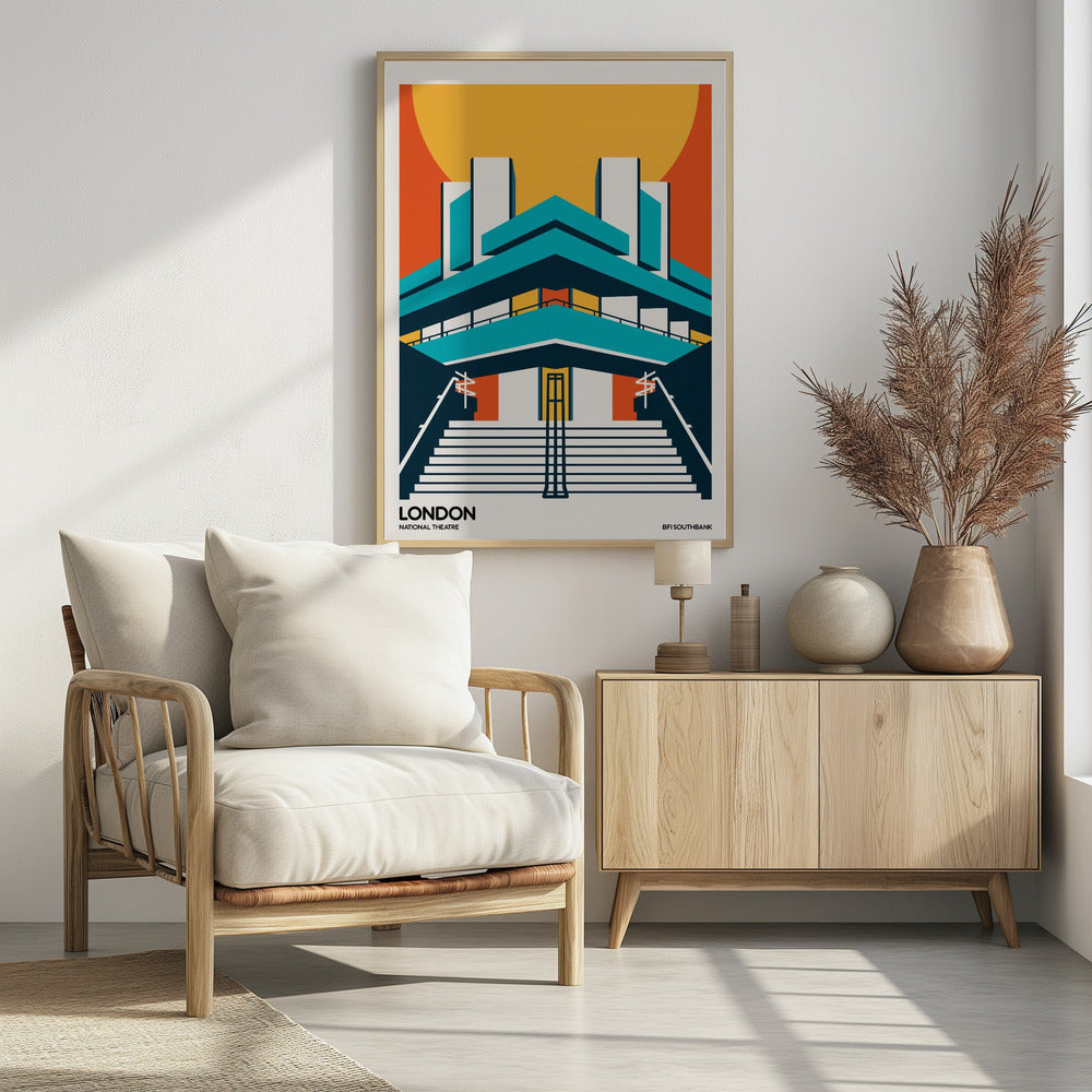 A stylized, graphic art travel poster of the National Theatre in London. The illustration uses a bold color palette of orange, yellow, and teal to depict the building's iconic Brutalist architecture against a large setting sun. Wide stairs lead up to the symmetrical facade. Text at the bottom reads 'LONDON NATIONAL THEATRE' and 'BFI SOUTHBANK'. Decor