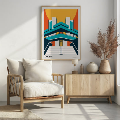 A stylized, graphic art travel poster of the National Theatre in London. The illustration uses a bold color palette of orange, yellow, and teal to depict the building's iconic Brutalist architecture against a large setting sun. Wide stairs lead up to the symmetrical facade. Text at the bottom reads 'LONDON NATIONAL THEATRE' and 'BFI SOUTHBANK'. Decor