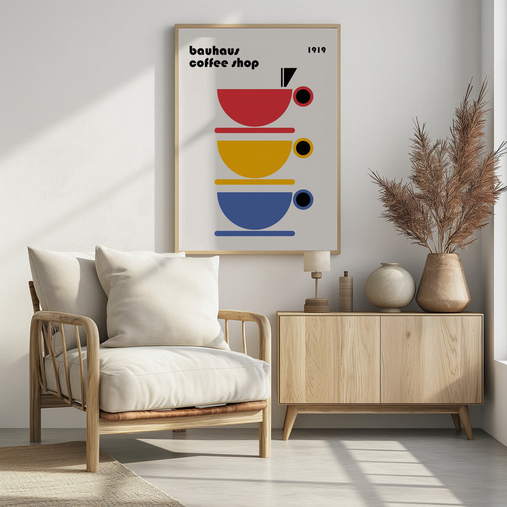 A minimalist Bauhaus-style poster titled 'bauhaus coffee shop 1919'. The artwork features a vertical stack of three stylized coffee cups in primary colors—red, yellow, and blue—on a light cream background, all rendered in simple geometric shapes. Poster