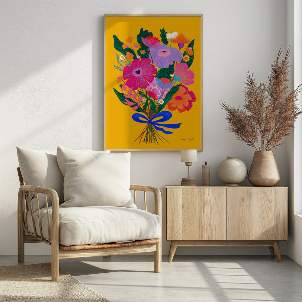 A vibrant, folk-art style illustration of a colorful bouquet of flowers against a solid yellow background. The flowers are in bright shades of pink, purple, and orange, tied together with a bold blue ribbon. The artwork is presented within a thin black frame. Wall Art