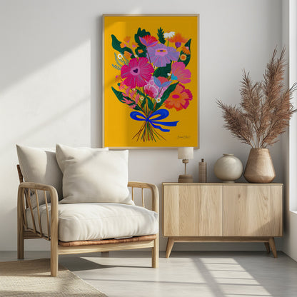 A vibrant, folk-art style illustration of a colorful bouquet of flowers against a solid yellow background. The flowers are in bright shades of pink, purple, and orange, tied together with a bold blue ribbon. The artwork is presented within a thin black frame. Wall Art