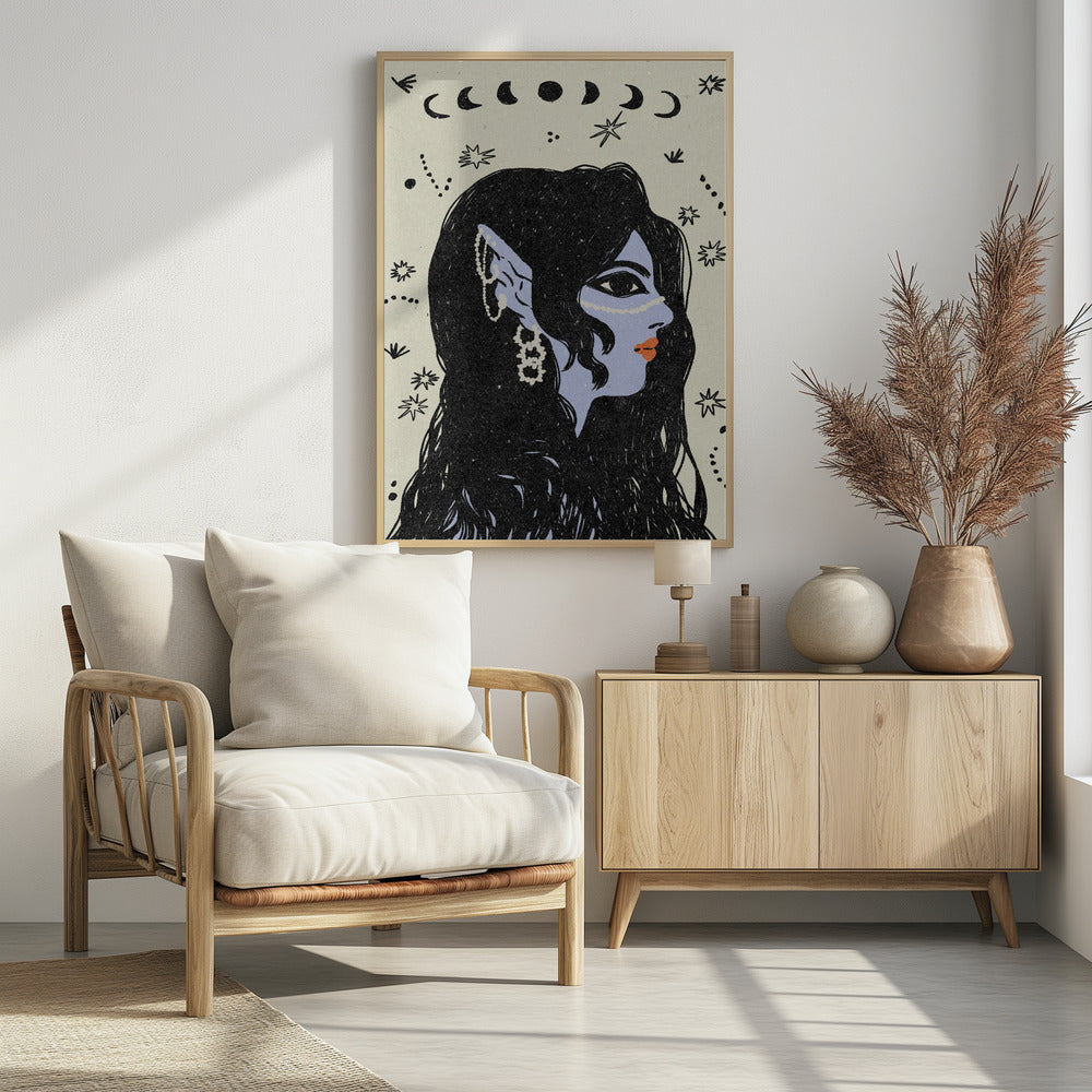 A stylized illustration of a woman in profile with light blue skin, long black hair, and pointed elven ears decorated with white jewelry. Her lips are orange, and she looks to the right. The background is a light cream color with black drawings of stars, constellations, and the phases of the moon above her head. Wall Art