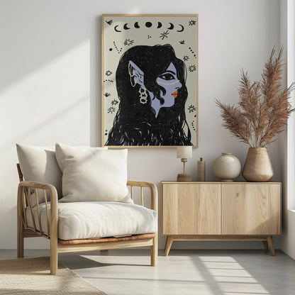 A stylized illustration of a woman in profile with light blue skin, long black hair, and pointed elven ears decorated with white jewelry. Her lips are orange, and she looks to the right. The background is a light cream color with black drawings of stars, constellations, and the phases of the moon above her head. Wall Art