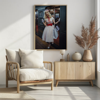 A full-length portrait of a young woman with blonde hair dressed in 1950s-style fashion, including a light pink dress with a bright red sash, a pink veiled hat, and white gloves. She smiles as she steps out of a dark, vintage train car onto a platform, holding shopping bags. Poster