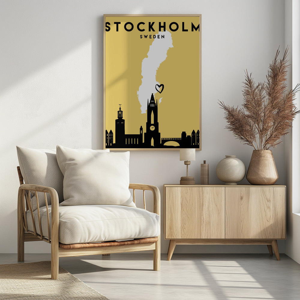 A minimalist travel poster for Stockholm, Sweden. It features a mustard yellow background with a black silhouette of the city's skyline at the bottom. A white outline of the map of Sweden is in the center, with a small black heart indicating Stockholm's location. The text 'STOCKHOLM SWEDEN' is at the top in black lettering. Decor