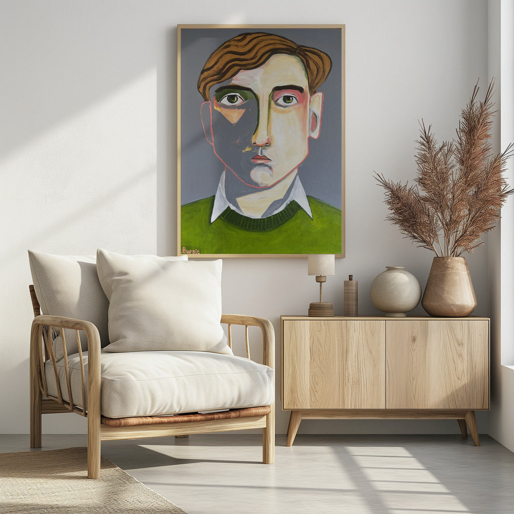 A modern, stylized portrait painting of a young man with wavy, reddish-brown hair and green eyes. He looks forward with a neutral expression. His face is angular with sharp lines, and a dramatic shadow covers the left side. He is wearing a dark olive green sweater over a white collared shirt, set against a solid dark gray background. The artwork is signed 'Bursic' in the lower-left corner and is presented in a simple black frame. Decor