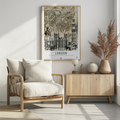 A vintage-style collage poster of London featuring an old sepia-toned map as the background. In the foreground are black and white illustrations of the Houses of Parliament and Big Ben, along with a man in historical dress, a dove, and horse-drawn carriages. The bottom reads 'LONDON' with a quote by Oscar Wilde. Poster