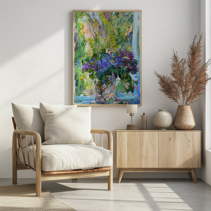 An impressionistic oil painting of a vibrant bouquet of purple and blue lilacs in a textured crystal vase, set against a sunlit window with lush green foliage outside. The artwork is characterized by thick, expressive brushstrokes. Artwork