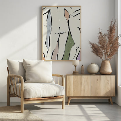 An abstract figurative artwork in a black frame featuring overlapping nude human forms. The figures are defined by bold, black ink lines on a cream background, with blocks of muted colors like dusty rose, sage green, and slate blue accentuating the shapes. Decor