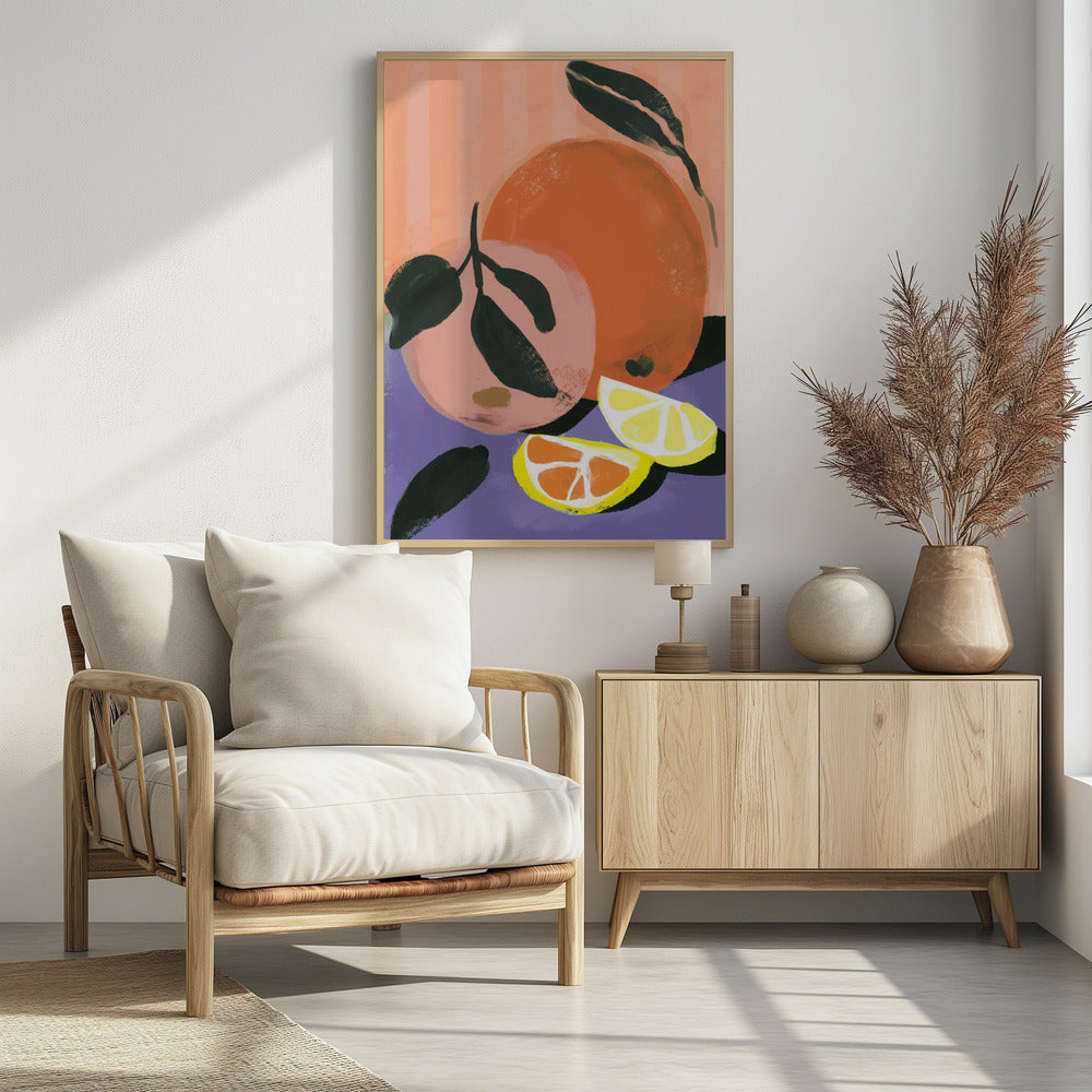 A colorful, painterly illustration of citrus fruits. The composition features two whole fruits, one orange and one pink, with dark green leaves, alongside two wedges of lemon and orange. They are set against a purple foreground and a background of vertical peach-colored stripes. Poster
