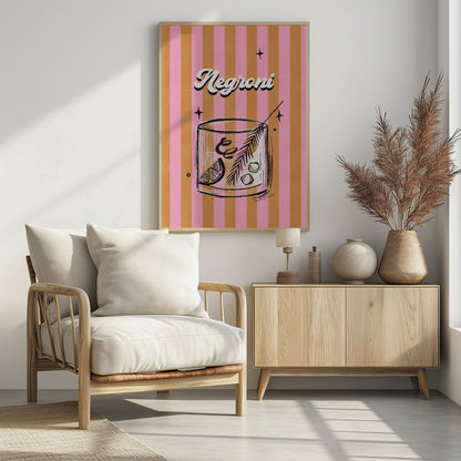 A retro-style poster of a Negroni cocktail. The drink is in a sketched rocks glass with a citrus slice and garnish, set against a background of vertical pink and orange stripes. The word 'Negroni' is written above in a stylized white font. Artwork