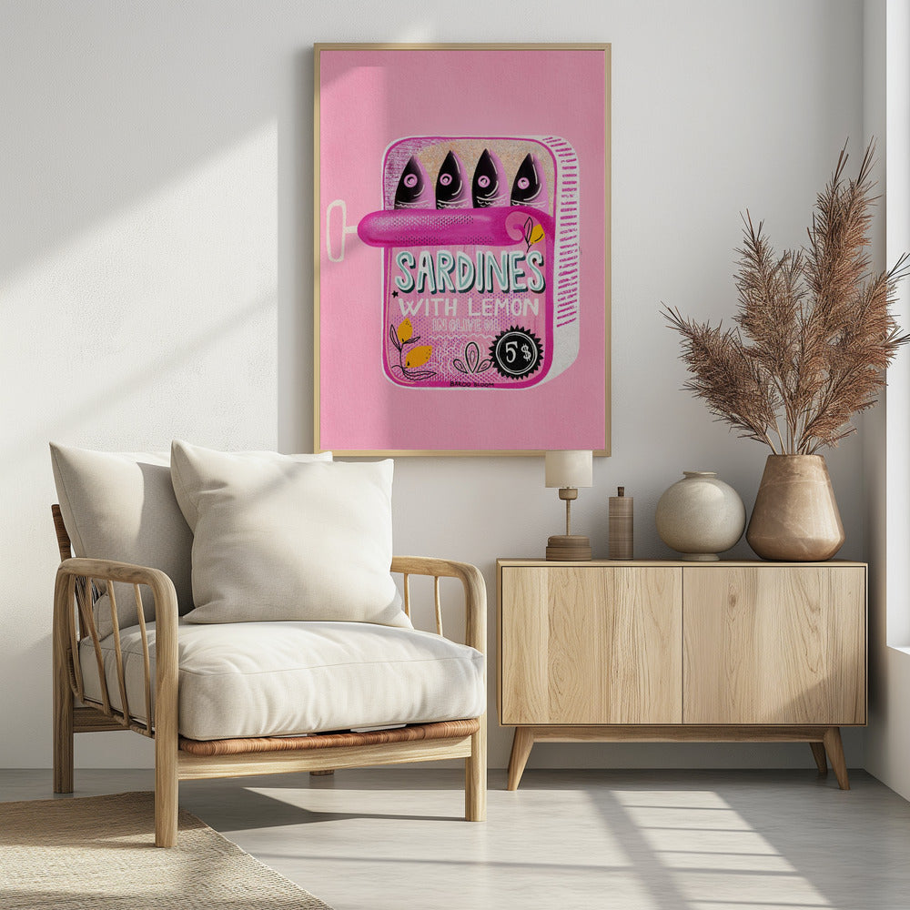 A pop art style illustration of an open can of sardines against a bright pink background. The can itself is pink with text that reads 'SARDINES WITH LEMON IN OLIVE OIL', and it contains four stylized fish. The artwork is presented in a simple black frame. Poster