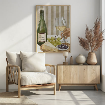 A still life painting of a classic wine and cheese spread. It features a green bottle of white wine with the words 'Life is meant to be enjoyed' on the label, a hand holding a wine glass, a wedge of cheese, green grapes, and black olives, all set against a striped beige and white background. Artwork