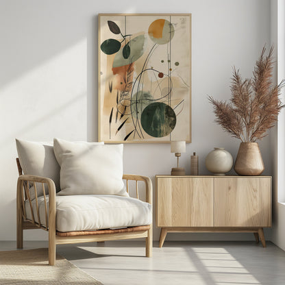 An abstract artwork featuring a blend of botanical and geometric elements. On a beige background, there are overlapping shapes in muted green, sage, and terracotta. Fine black lines create the outlines of leaves, stems, and swirling abstract forms, adding a layer of detail over the painted shapes. Poster