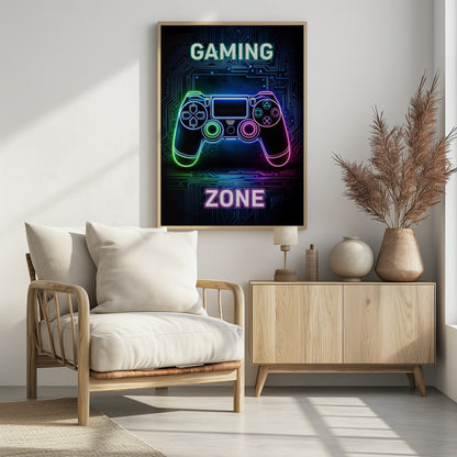 A futuristic gaming poster with a neon-outlined video game controller glowing in shades of blue, green, and pink. The controller is set against a dark background with a blue circuit board pattern. The words 'GAMING' and 'ZONE' are written in large, glowing neon letters above and below the controller. Artwork
