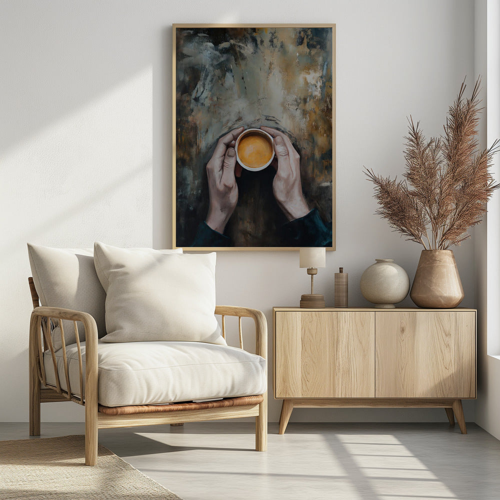An overhead view painting of two hands cupping a small white mug filled with coffee against a textured, abstract background of brown and grey tones. The artwork is presented in a simple black frame. Print