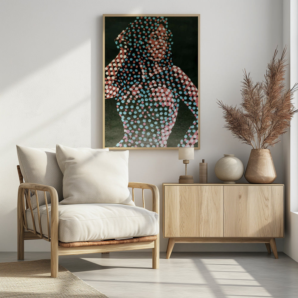 A modern pop art portrait of a person, where their silhouette is filled with a dense pattern of red, light blue, and white dots against a solid dark background, creating a fragmented and stylized image. Decor