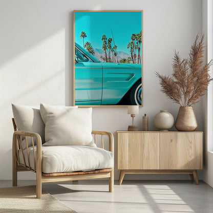 A vibrant, stylized photograph of a vintage turquoise car parked under a clear blue sky, with a row of tall palm trees and distant mountains creating a classic, sunny California scene. Wall Art