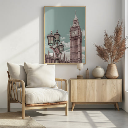 A stylized, low-angle photograph of Big Ben in London, with an ornate Victorian lamppost in the foreground. The image is color-graded with a pale teal sky and pink-toned architecture, creating a vintage, dreamy aesthetic. Wall Art