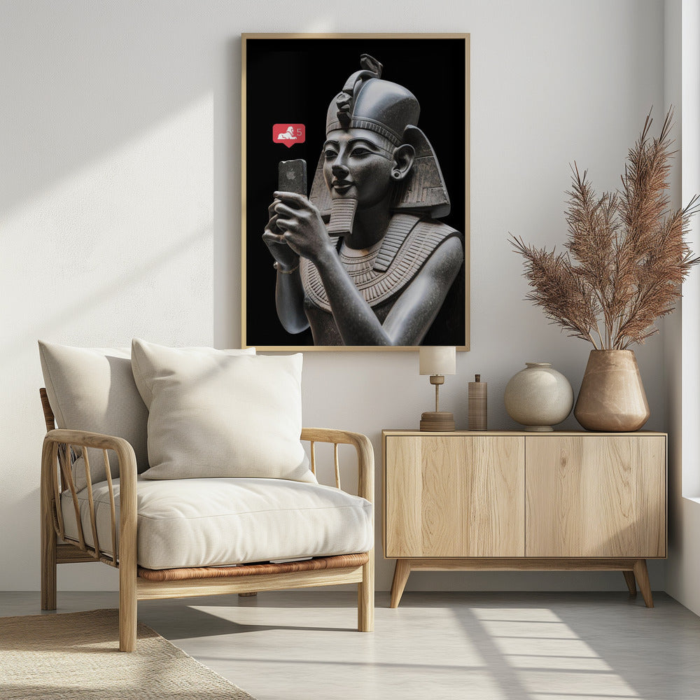 A humorous digital artwork depicting a detailed, dark grey stone bust of an ancient Egyptian pharaoh holding a modern smartphone and looking at it with a slight smile. A red social media notification with a sphinx icon and the number 5 floats next to the phone against a solid black background. Wall Art