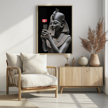 A humorous digital artwork depicting a detailed, dark grey stone bust of an ancient Egyptian pharaoh holding a modern smartphone and looking at it with a slight smile. A red social media notification with a sphinx icon and the number 5 floats next to the phone against a solid black background. Wall Art