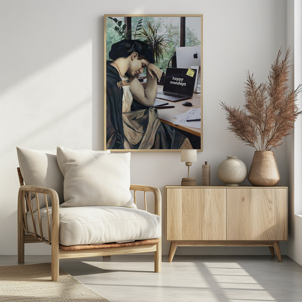 A humorous digital collage where a woman from a classical painting, looking weary and dressed in historical attire, sits at a modern office desk with a laptop that ironically reads 'happy mondays' on the screen. Artwork