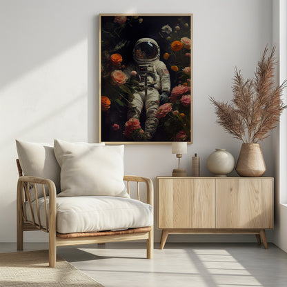 A painterly artwork of an astronaut in a white spacesuit floating in the dark void of space, surrounded by an abundance of vibrant pink, orange, and white flowers that bloom around them. Wall Art
