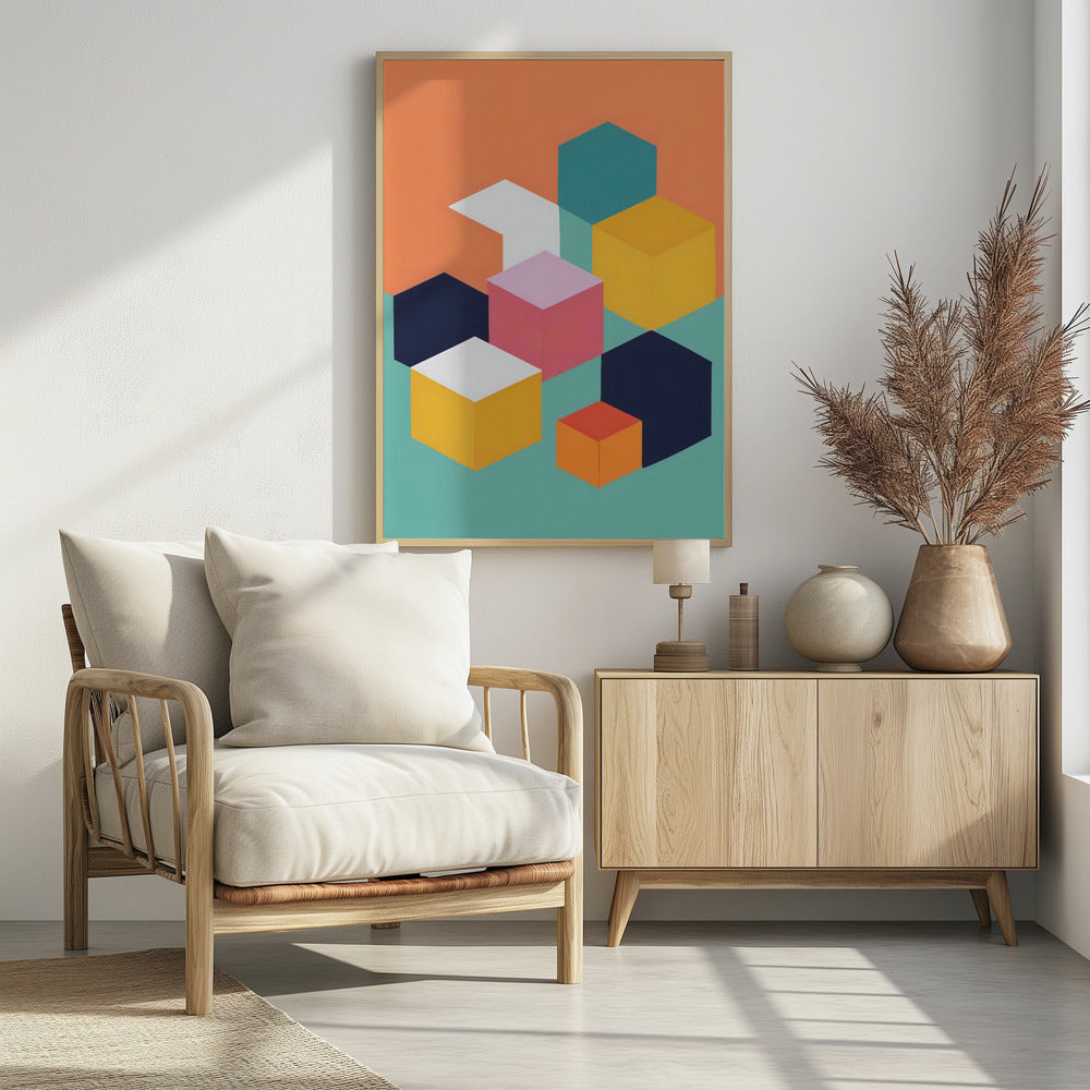 A modern abstract art print featuring a collection of colorful isometric cubes and hexagons against a two-toned background of orange and teal. The geometric shapes are in shades of navy, yellow, pink, white, and orange, arranged to create a 3D illusion. Decor