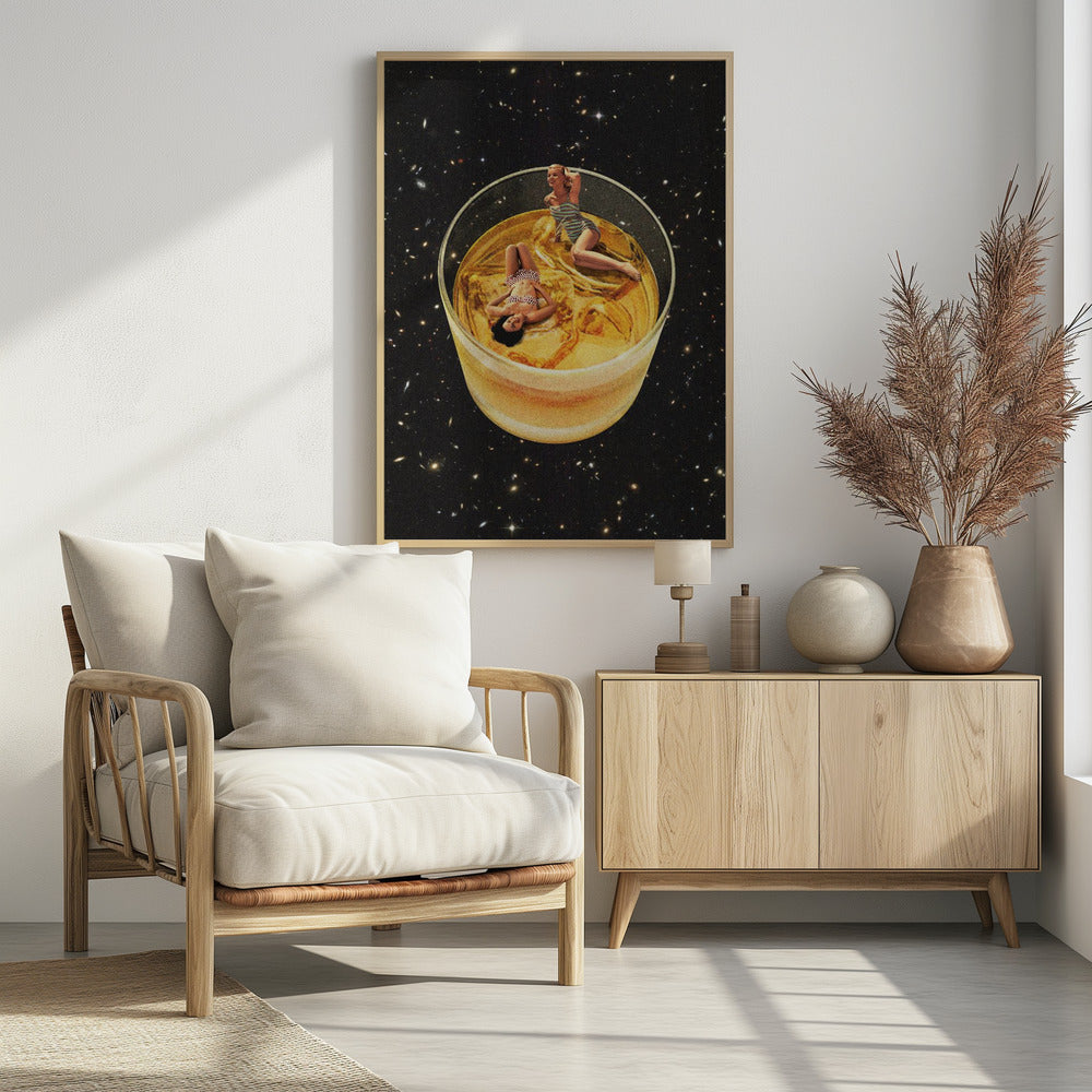 A surreal collage featuring two women in vintage swimsuits lounging in a large glass of golden liquid, floating in the middle of a starry outer space. Decor