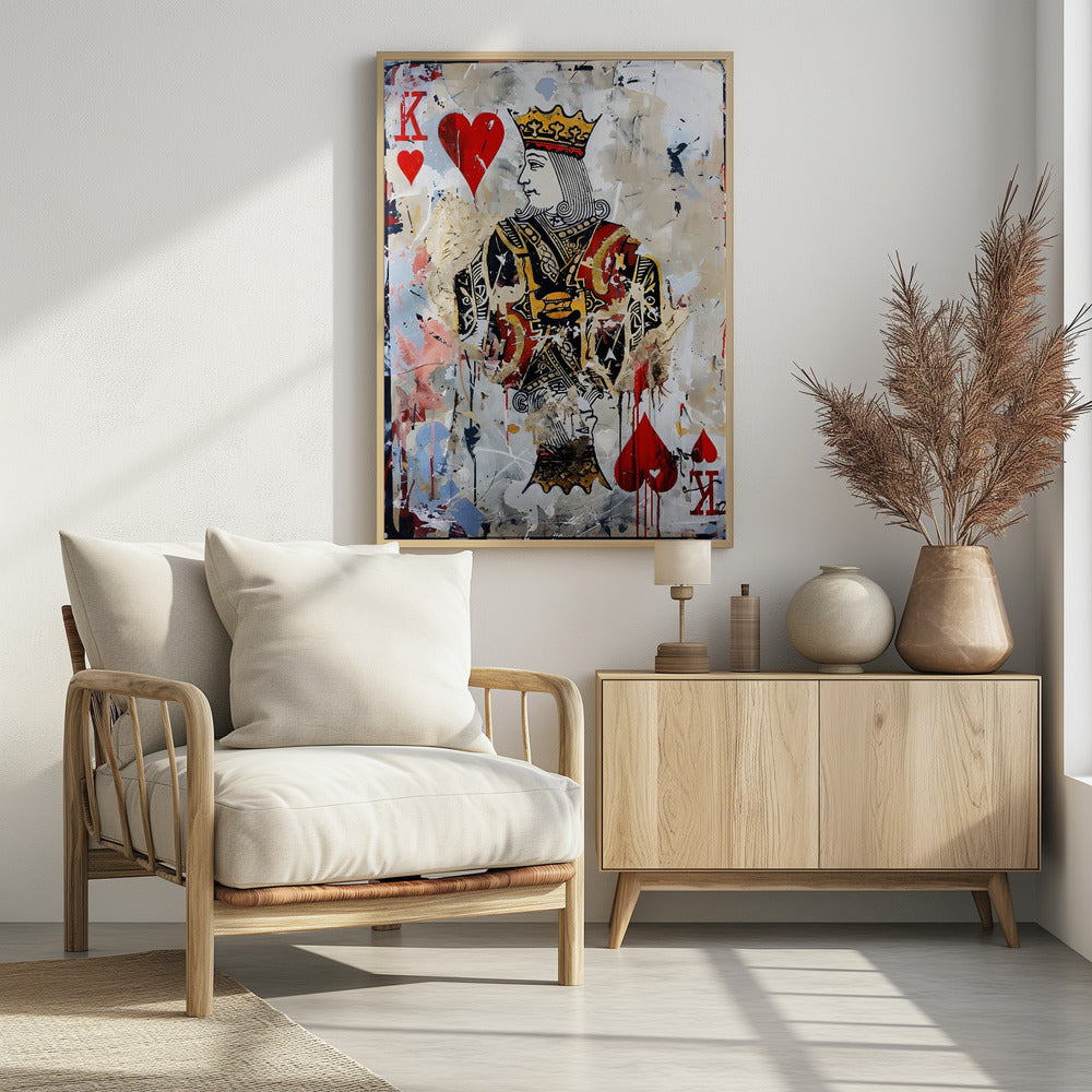 A modern abstract painting featuring the King of Hearts playing card. The artwork has a distressed, layered look with paint splatters, drips, and torn paper effects on a white and beige background. The king figure is centrally located, with red hearts and the letter 'K' in the corners. Artwork