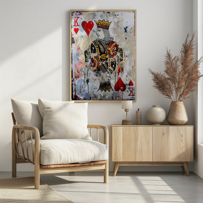 A modern abstract painting featuring the King of Hearts playing card. The artwork has a distressed, layered look with paint splatters, drips, and torn paper effects on a white and beige background. The king figure is centrally located, with red hearts and the letter 'K' in the corners. Artwork