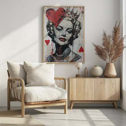 A modern pop art portrait of a glamorous woman, possibly Marilyn Monroe, in a black and white style with bold red accents. She wears a crown, and a large red heart covers one eye. The painting has a street art feel with paint splatters, drips, and stenciled heart suit symbols. Artwork
