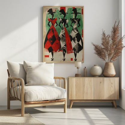 A vintage-style abstract illustration of three stylized female figures in a row. The figures are black silhouettes with large hats and full, patterned skirts. The woman on the left wears a red and black harlequin-patterned dress, while the other two wear black and white abstract-patterned dresses. The background is a textured green and off-white. Decor