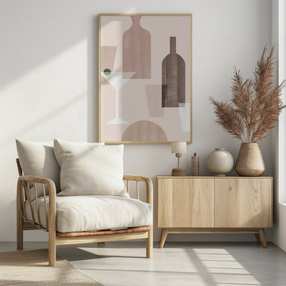 An abstract still life artwork featuring overlapping, translucent shapes of bottles and glasses in a muted palette of brown, beige, and dusty pink. A stylized white martini glass with a dark green olive stands out against the soft-colored background. Poster