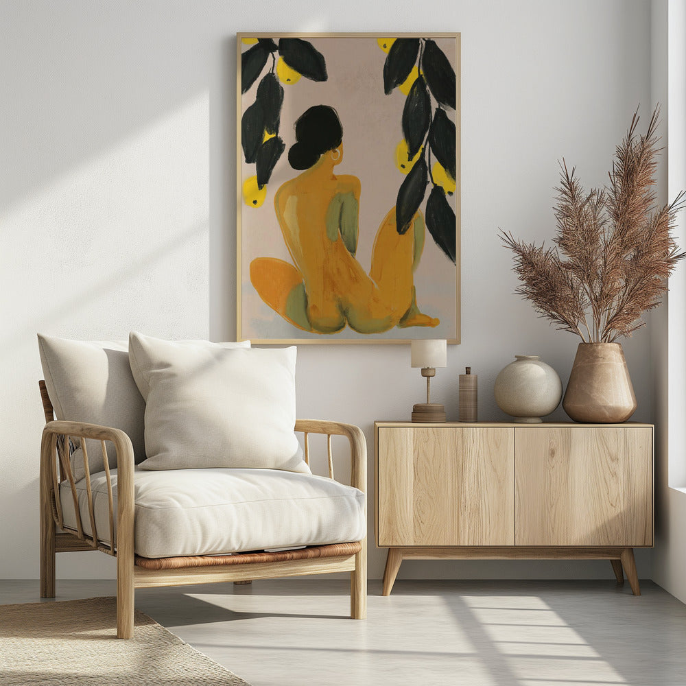 A painterly illustration of a seated nude figure seen from the back, with their body rendered in shades of yellow and green. They have black hair in a bun and a gold hoop earring. Lemon tree branches with dark green leaves and bright yellow lemons frame the top of the composition against a pale beige background. Decor