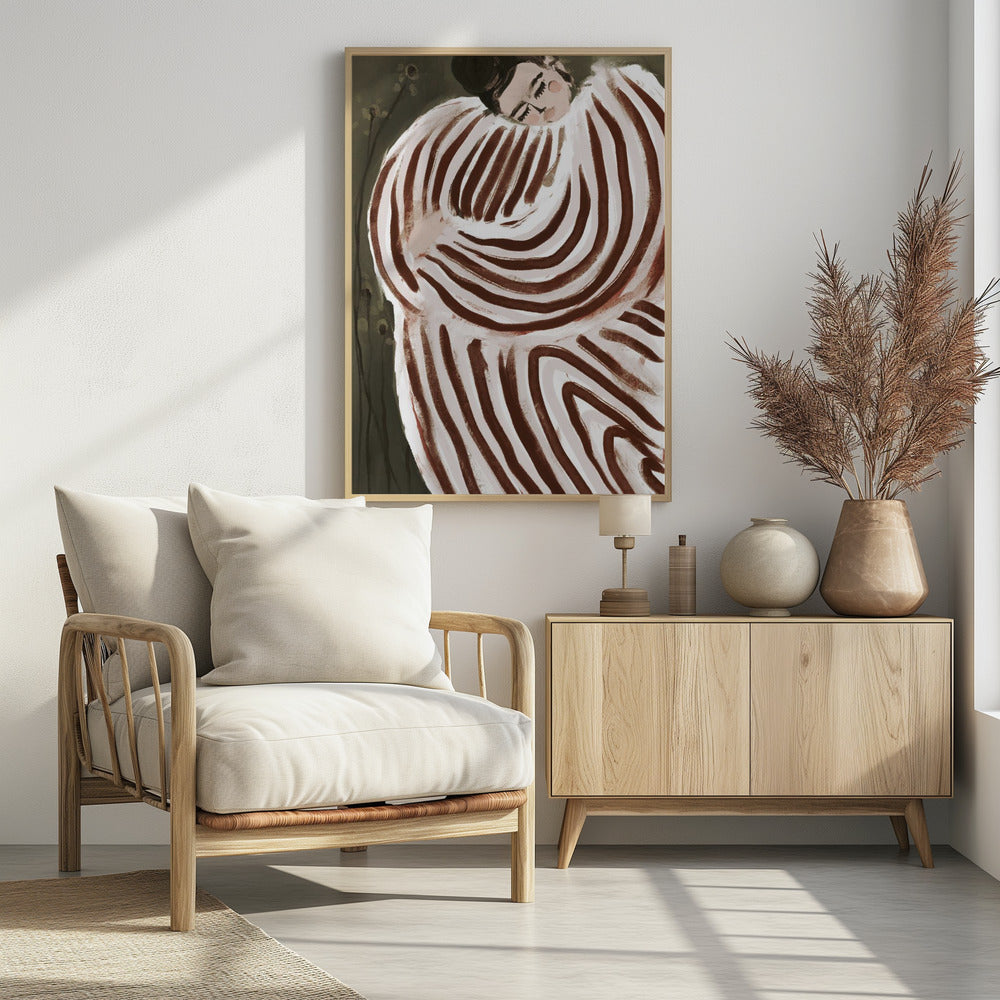 A stylized painting of a person with their eyes closed, resting their head on their shoulder. They are wrapped in a large, voluminous garment with bold, swirling brown and off-white stripes against a dark, muted green background. Decor