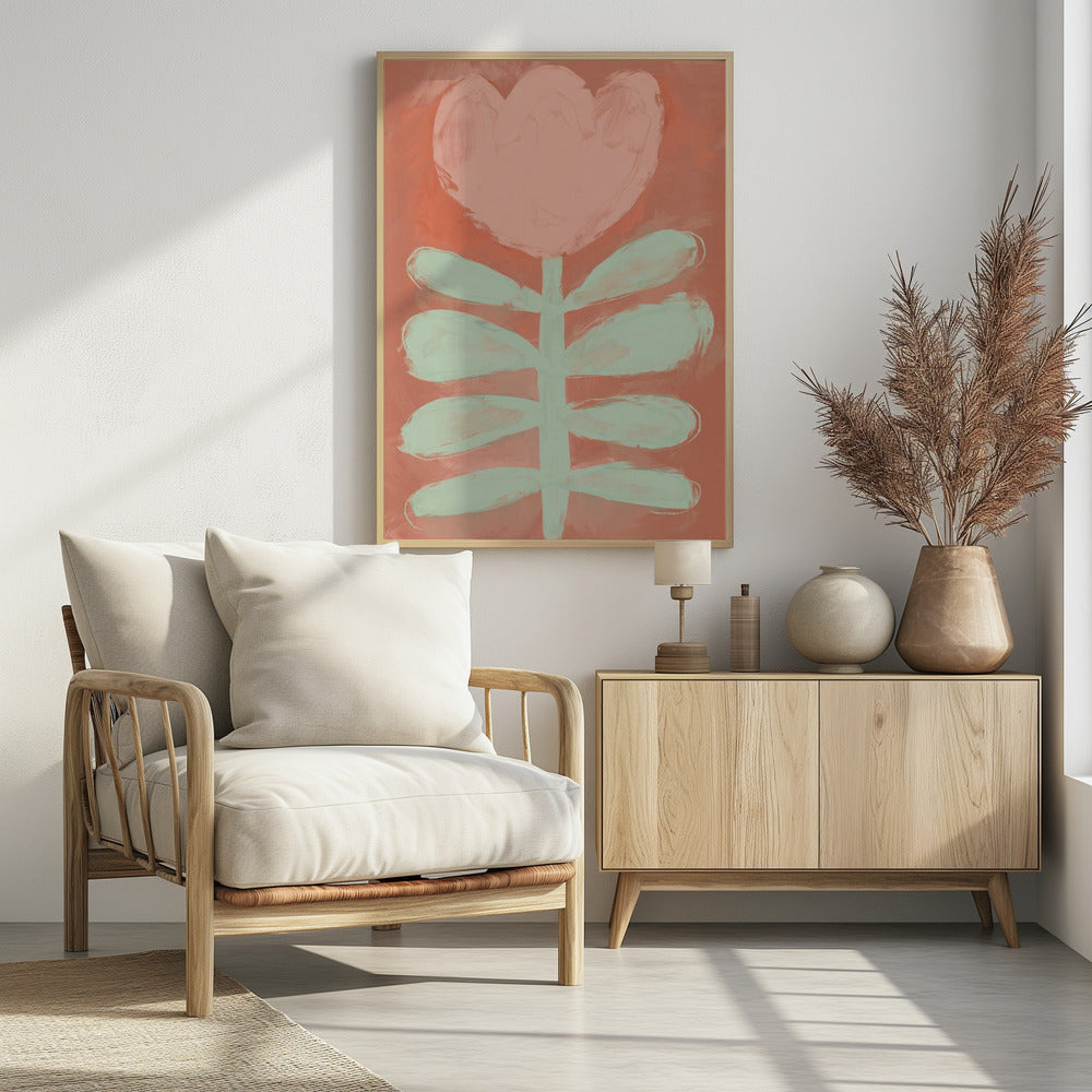 A stylized painting of a single flower with a large, heart-shaped pink blossom and a pale green stem with leaves, set against a textured coral background and framed in black. Poster